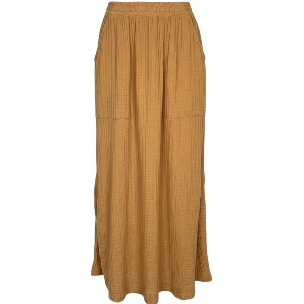 Free People Skirt Sz M Cotton Gauze Midi Pull On Boho Minimalist Granola Mustard